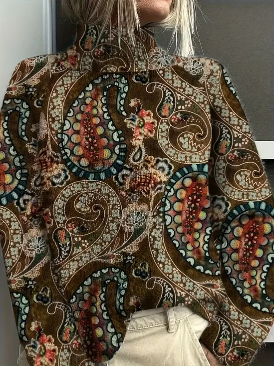 Pulls Rétro Floral Printemps / Automne Domestique Ample Manches Longues Col Roulé Régulier Élasticité moyenne pour Femmes