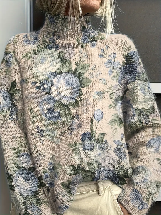 Pulls Rétro Floral Printemps / Automne Polyester Ample Col Roulé Régulier Régulier Élasticité moyenne pour Femmes