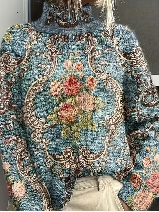 Pulls Décontracté Floral Printemps / Automne Polyester Imprimé Ample Col Roulé Droit Élasticité moyenne pour Femmes