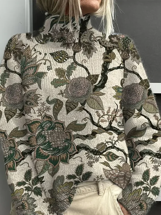Pulls Décontracté Floral Printemps / Automne Polyester Imprimé Ample Manches Longues Col Roulé Régulier pour Femmes