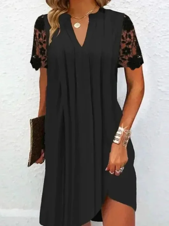 Femmes Plain Noir Col V Confortable Évidé Robe Mi-Longue Fête
