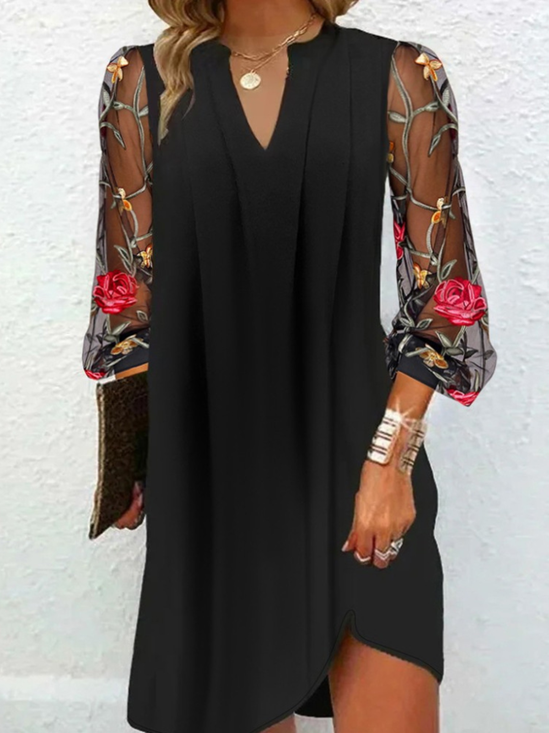 Femmes Floral Noir Col V Confortable Robe Mi-Longue Sexy