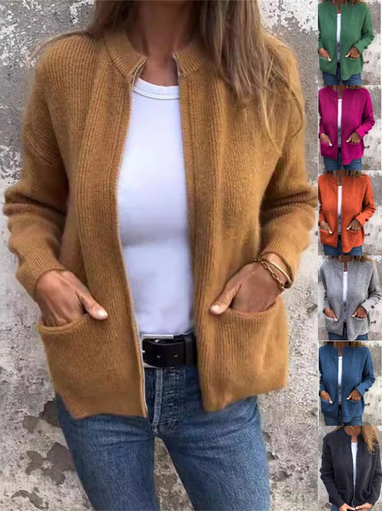 Micro-élasticité Col Montant Manches Longues Régulier Plain Blouson Aviateur Blouson Joint Fendu pour Femmes