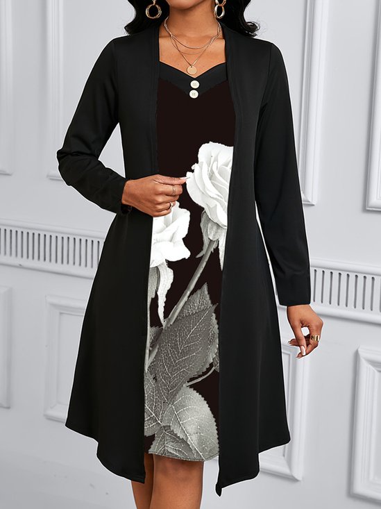 Femmes Floral Noir Col V Confortable Robe Mi-Longue Décontracté