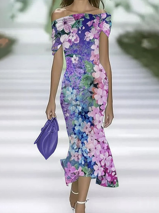 Femmes Floral Violet à Épaules Dénudées Confortable Imprimé Robe Maxi Rétro