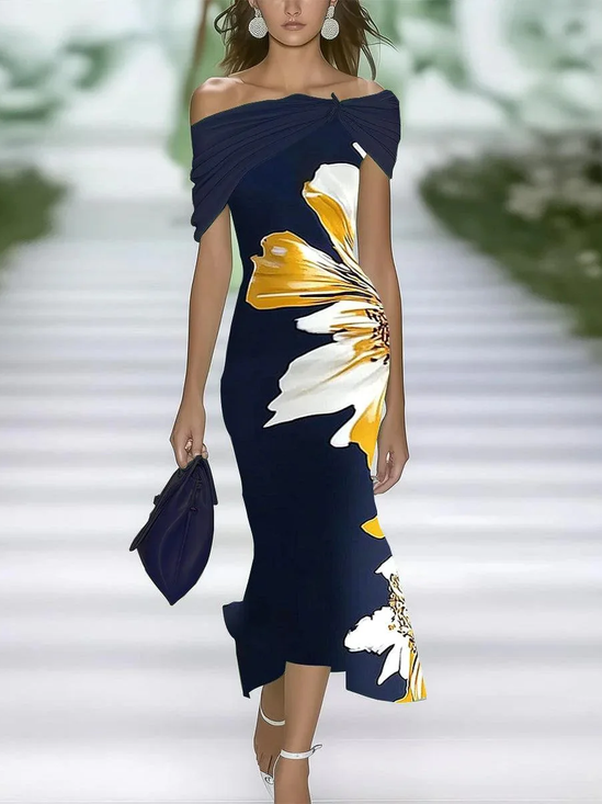 Femmes Floral Bleu Violacé à Épaules Dénudées Confortable Imprimé Robe Maxi Rétro