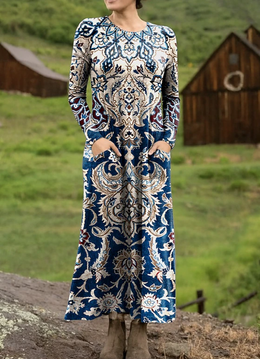 Femmes Ethnique Couleur 1 Col V Confortable Robe Maxi Rétro