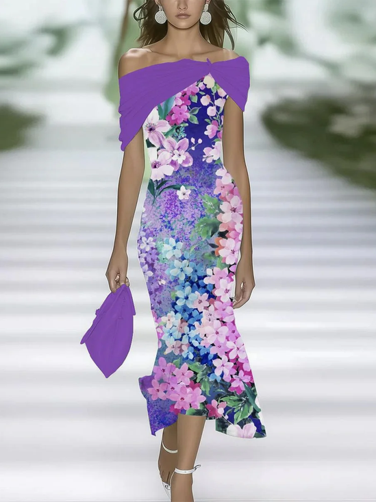 Femmes Floral Violet à Épaules Dénudées Confortable Imprimé Robe Maxi Rétro