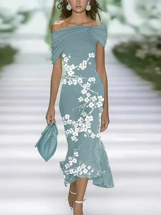 Femmes Floral Cyan à Épaules Dénudées Confortable Imprimé Robe Maxi Rétro