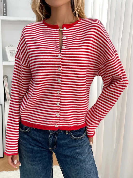 Cardigans Femmes Rayé Décontracté Printemps / Automne Polyester Quotidien Coupe Régulière Col Rond Régulier Élasticité moyenne
