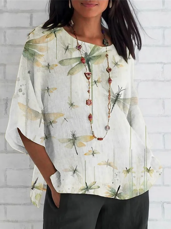 Blouses Décontracté Été Libellule Polyester Domestique Coupe Régulière Col Rond Droit Régulier pour Femmes