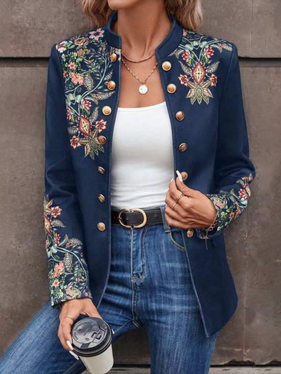 Micro-élasticité Col Montant Manches Longues Régulier Floral Manteau pour Femmes