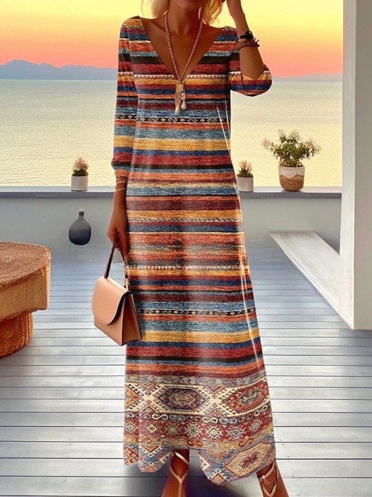 Femmes Rayé Jaune Col V Confortable Joint Fendu Robe Maxi Rétro