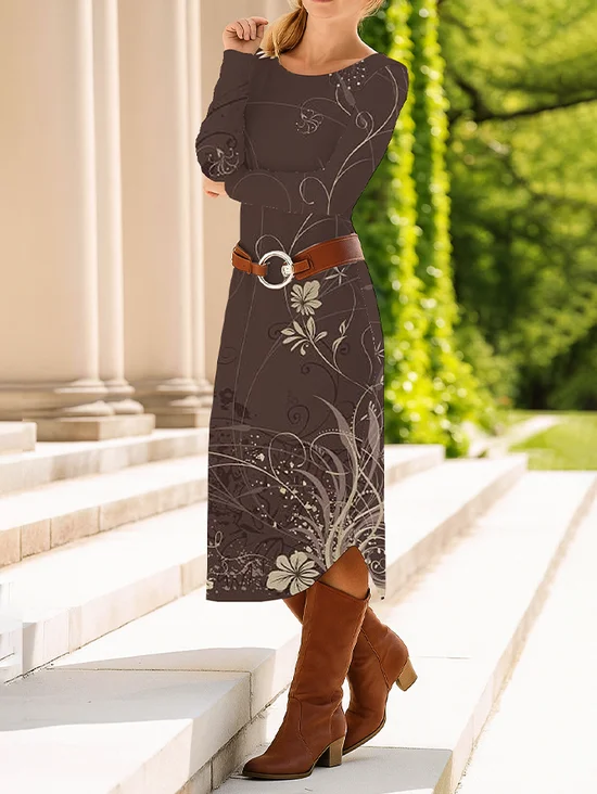 Femmes Floral Brun Col Rond Confortable Robe Mi-Longue Décontracté