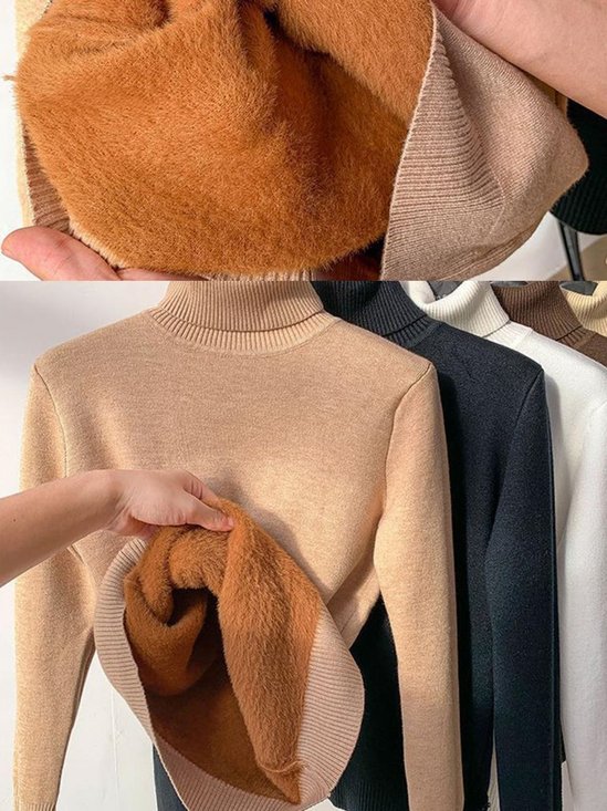 T-shirts Femmes Élégant Plain Printemps / Automne Tissu pelucheux/polaire granuleux Micro-élasticité Manches Longues Col Roulé Droit Régulier