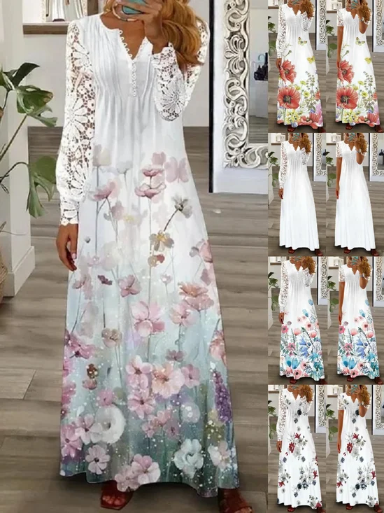 Femmes Floral Gris-rose Col V Confortable Imprimé Robe Maxi Rétro