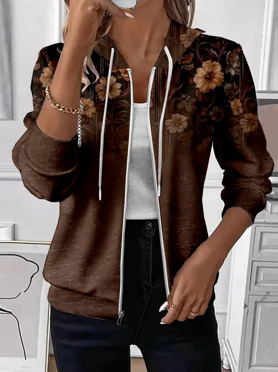 Micro-élasticité Sweat-shirt à Capuche Manches Longues Régulier Floral Sweat à capuche zippé Blouson Imprimé pour Femmes