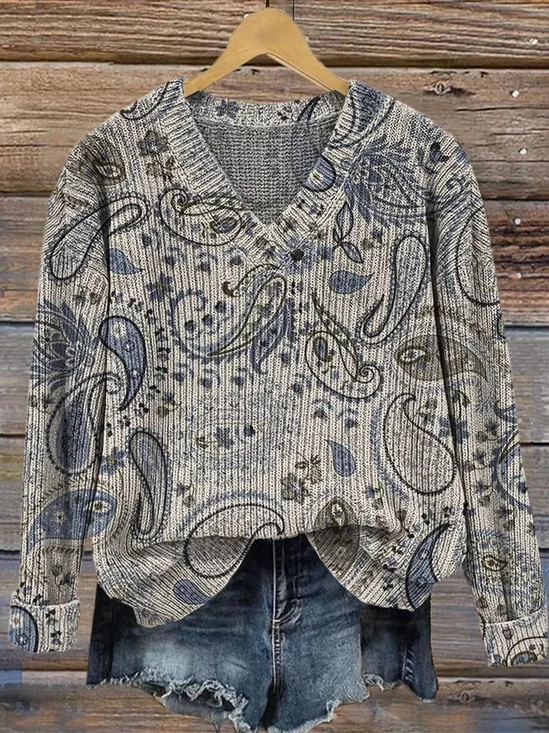 Pulls Décontracté Motif Cachemire Printemps / Automne Polyester Col V Quotidien Ample Manches Longues Régulier pour Femmes