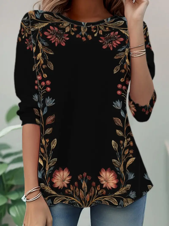 T-shirts Décontracté Floral Printemps / Automne Aucune élasticité Ample Jersey Manches Longues Col Rond Régulier pour Femmes