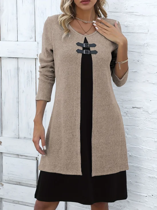 Femmes Bloc de Couleur Gris Col Rond Confortable Robe Mi-Longue Décontracté