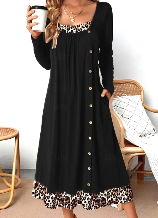 Femmes Bloc de Couleur Noir Col Rond Confortable Robe Maxi Décontracté