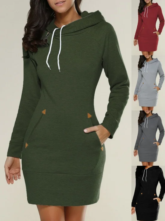 Femmes Plain Vert Sweat-shirt à Capuche Confortable Joint Fendu Mini Robe Rétro