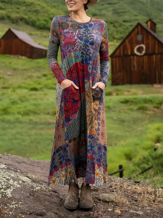 Femmes Géométrique Bleu Foncé Col Rond Confortable La longueur du sol Robe Rétro