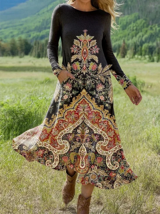 Femmes Géométrique Noir Col Rond Confortable La longueur du sol Robe Rétro