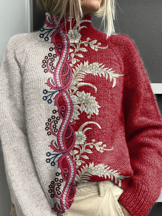 Pulls Rétro Floral Printemps / Automne Quotidien Manches Longues Col Roulé Régulier Droit Élasticité moyenne pour Femmes