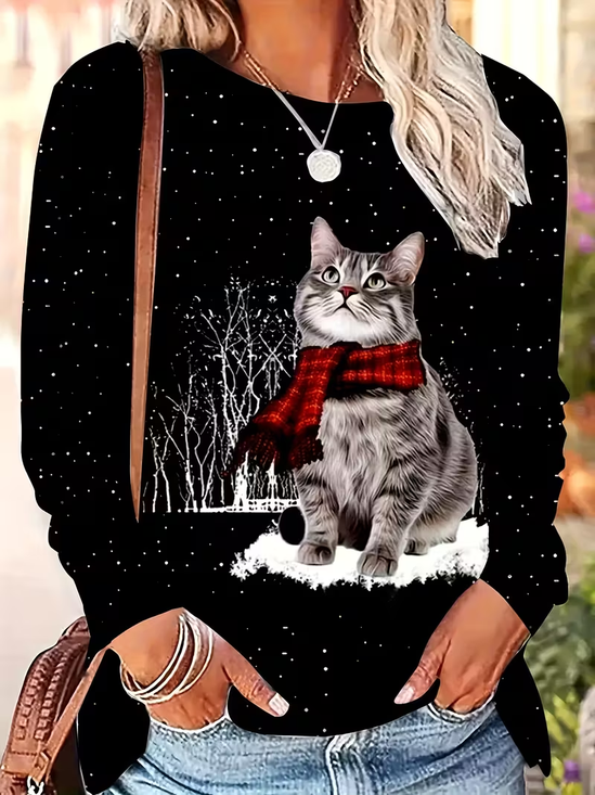 T-shirts Femmes Décontracté Printemps / Automne Chat Imprimé Quotidien Ample Manches Longues Col Rond Droit
