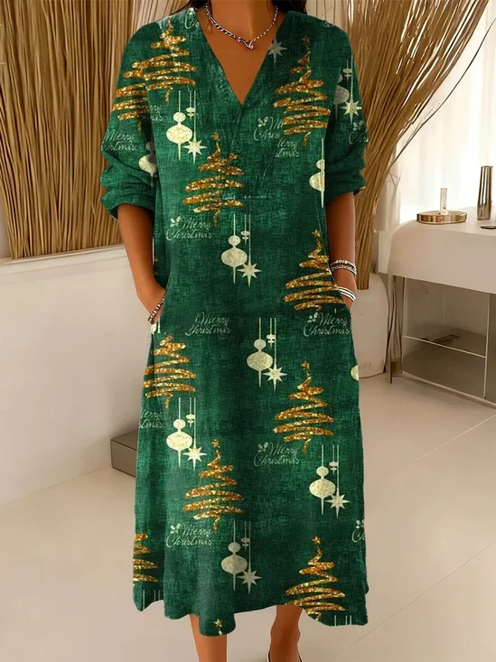Femmes Noël Couleur 1 Col V Confortable Robe Maxi Rétro