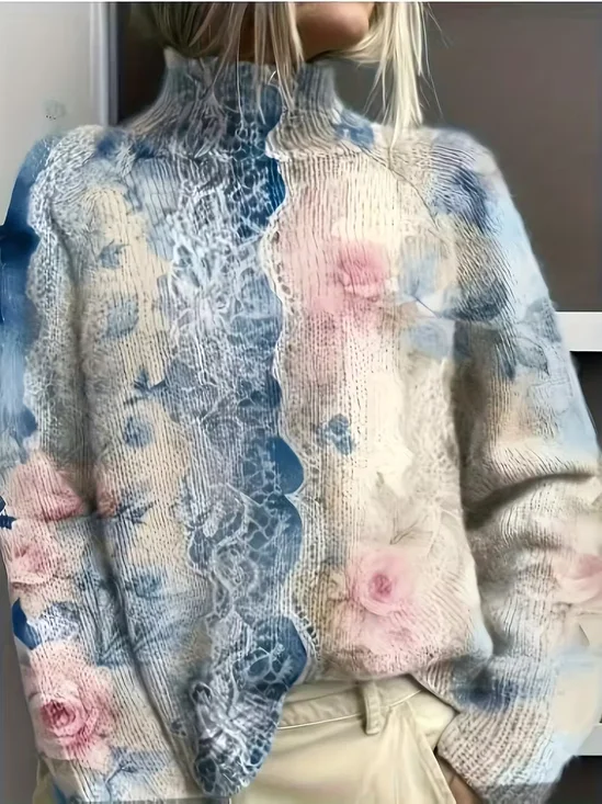 Pulls Décontracté Floral Printemps / Automne Polyester Quotidien Col Roulé Régulier Régulier Élasticité moyenne pour Femmes