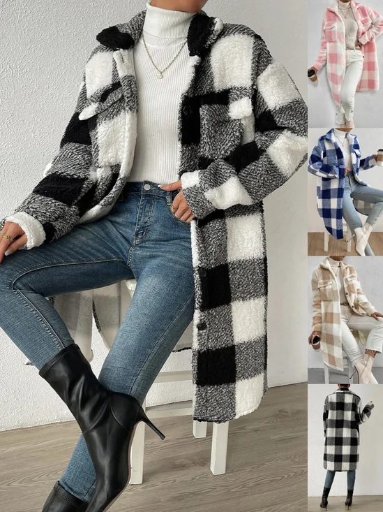 Micro-élasticité Col Châle Manches Longues Poids lourd Plaid Veste en flanelle Manteau Imprimé pour Femmes