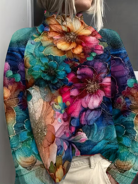 Pulls Rétro Floral Printemps / Automne Polyester Imprimé Manches Longues Régulier Régulier Élasticité moyenne pour Femmes