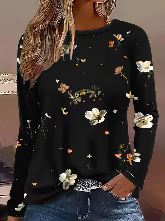 T-shirts Décontracté Floral Printemps / Automne Micro-élasticité Quotidien Manches Longues Régulier Droit Régulier pour Femmes