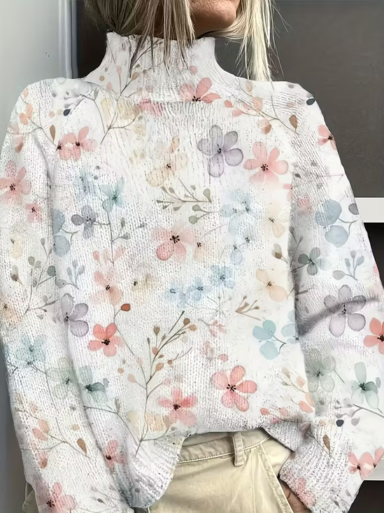 Pulls Femmes Rétro Floral Printemps / Automne Polyester Imprimé Domestique Régulier Droit Élasticité moyenne