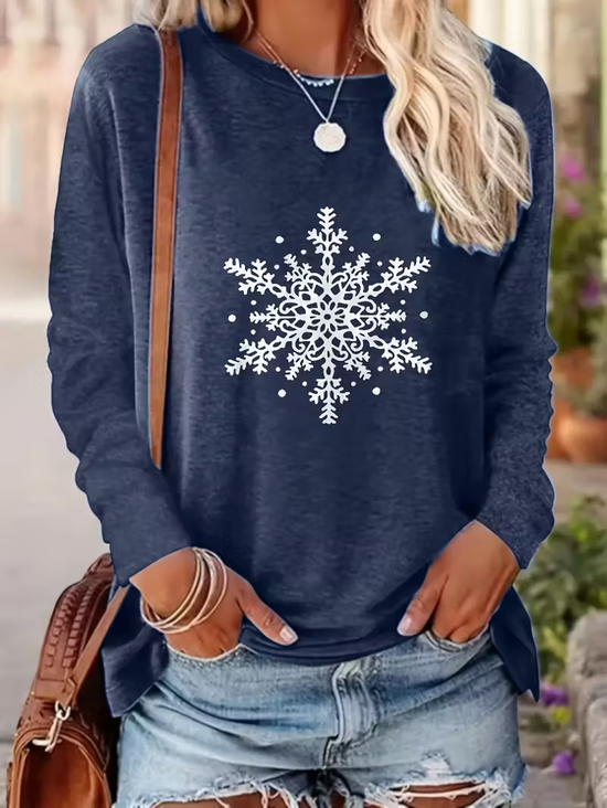 T-shirts Décontracté Printemps / Automne Flocon de Neige Imprimé Micro-élasticité Quotidien Ample Manches Longues Régulier pour Femmes