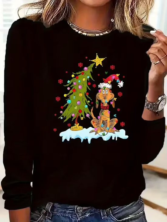 T-shirts Femmes Décontracté Printemps / Automne Sapin de Noël Ample Jersey Manches Longues Col Rond Régulier Régulier