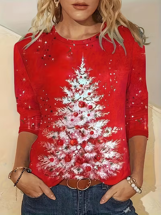 T-shirts Femmes Décontracté Printemps / Automne Sapin de Noël Micro-élasticité Ample Jersey Manches Longues Col Rond Régulier