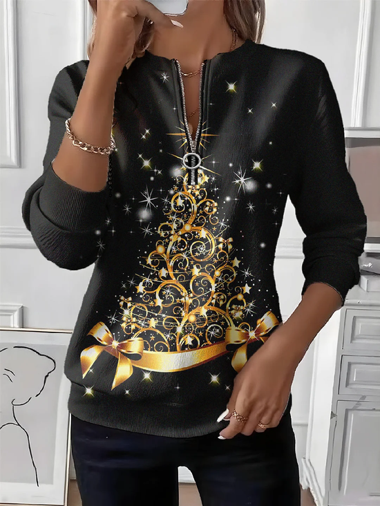 Sweat-shirts Décontracté Printemps / Automne Noël Zip Naturel Micro-élasticité Ample Col Rond T.-N.-L. pour Femmes