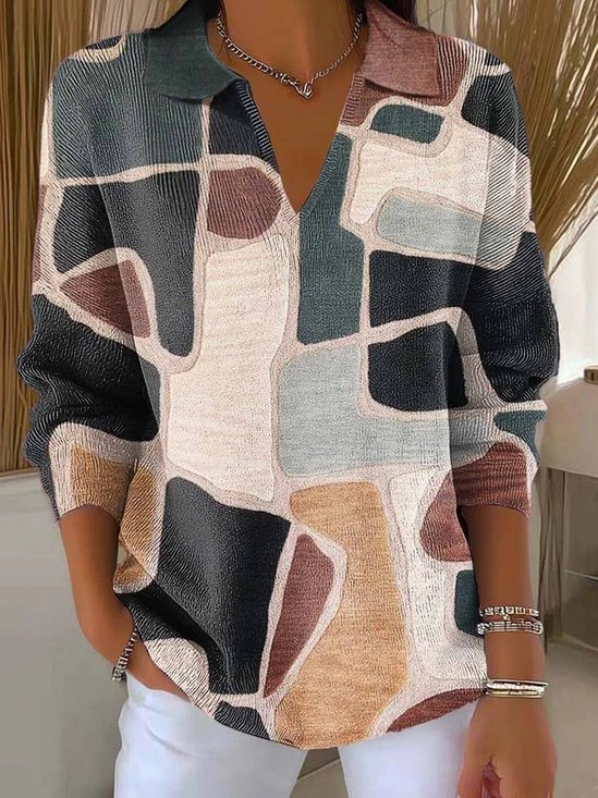 Pulls Femmes Géométrique Décontracté Hiver Polyester Col V Poids lourd Domestique Ample Régulier