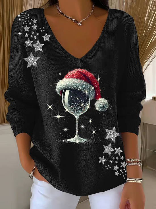 T-shirts Décontracté Printemps / Automne Verre à Vin de Noël Polyester Col V Quotidien Manches Longues Régulier Droit pour Femmes