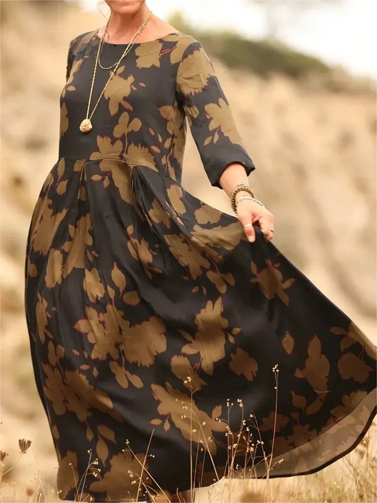 Femmes Floral Couleur 1 Col Rond Confortable Robe Maxi Rétro