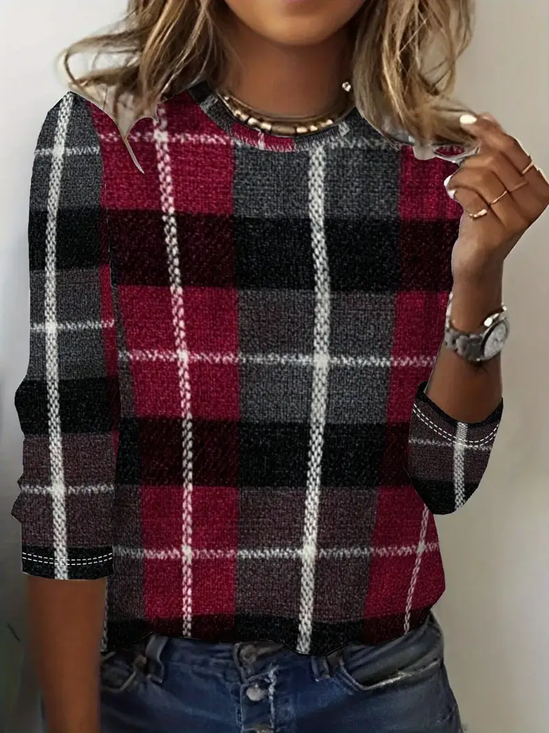 T-shirts Femmes Décontracté Printemps / Automne Plaid Imprimé Quotidien Jersey Manches Longues Col Rond Régulier