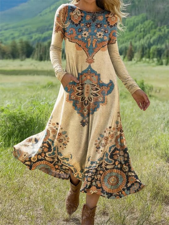 Femmes Géométrique Comme Image Col Rond Confortable La longueur du sol Robe Rétro