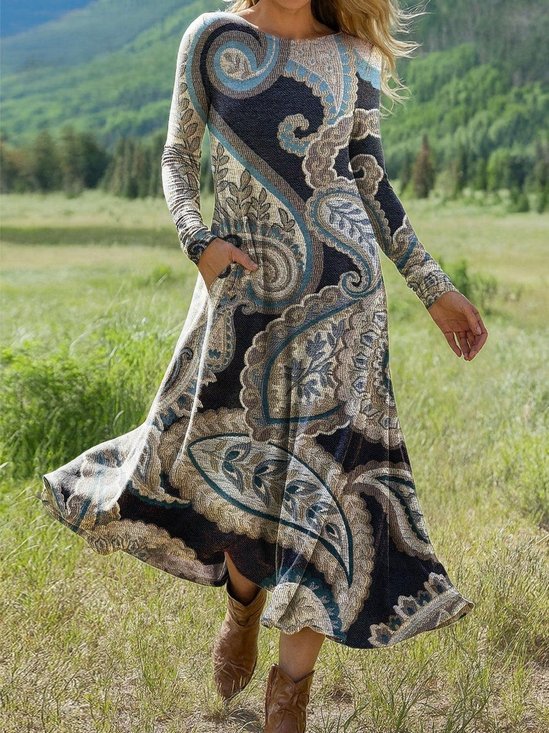 Femmes Floral Comme Image Col Rond Confortable La longueur du sol Robe Rétro
