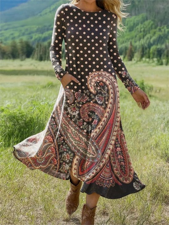 Femmes Floral Comme Image Col Rond Confortable La longueur du sol Robe Rétro