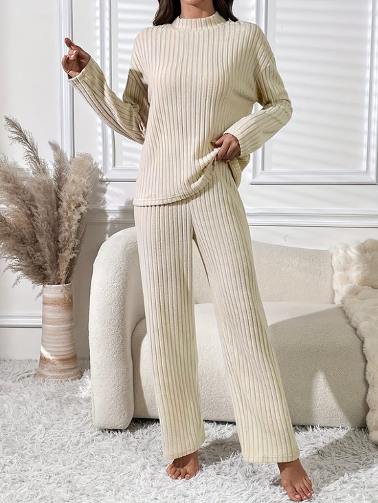 Deux Pièces Ensembles Décontracté Plain Printemps / Automne Coton Naturel Micro-élasticité Coupe Régulière Col Rond Top Avec Pantalons pour Femmes