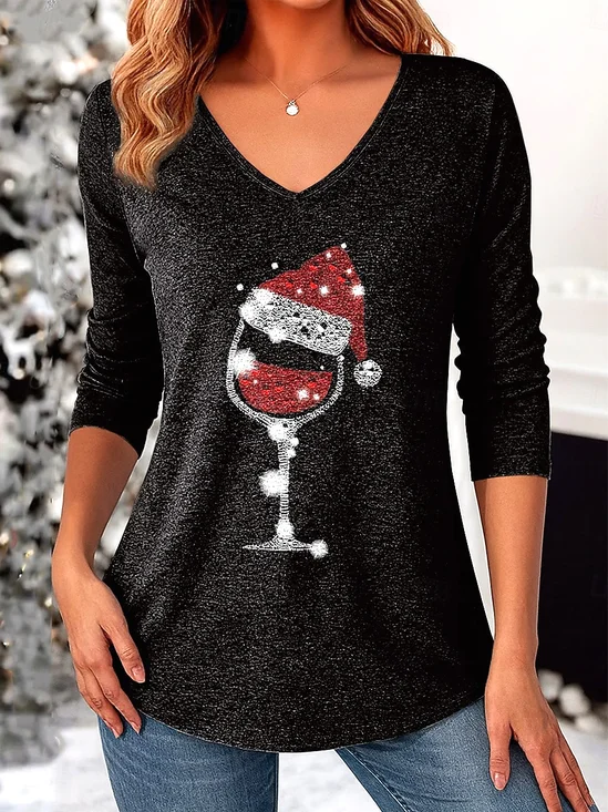 T-shirts Décontracté Printemps / Automne Noël Col V Micro-élasticité Quotidien Coupe Régulière Trapèze Régulier pour Femmes