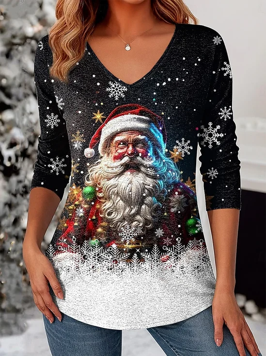 T-shirts Femmes Décontracté Printemps / Automne Noël Polyester Col V Micro-élasticité Coupe Régulière Régulier Trapèze